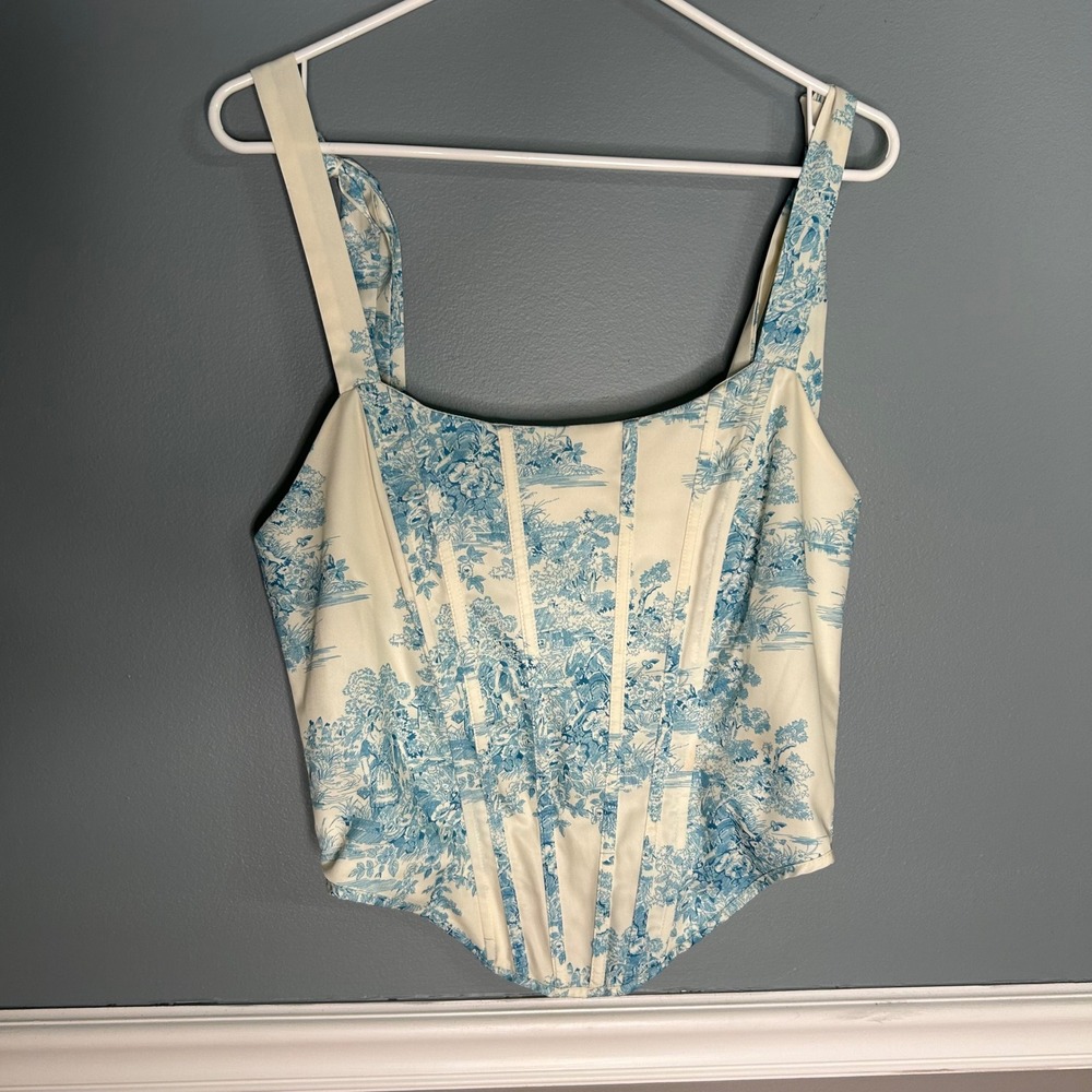 Fashion Nova Blue cream Toile de Jouy Corset Top Tie Strap Bustier Large